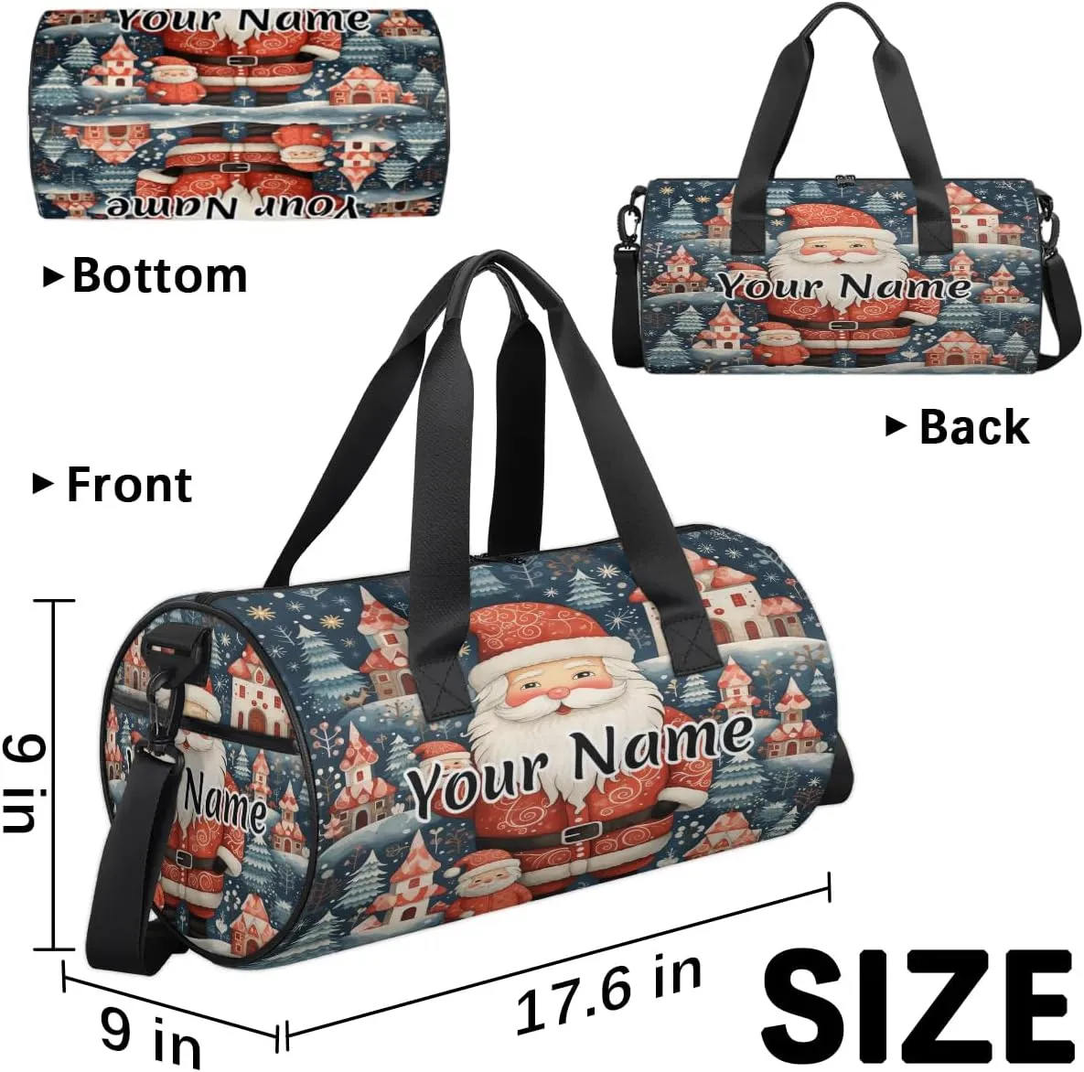 Personalized Duffel Bag for Women, Custom Christmas Santa Claus Gym Bag for Sports, Waterproof Dance Bag with Name, Lightweight Carryon Gym Bag, Winter Forest