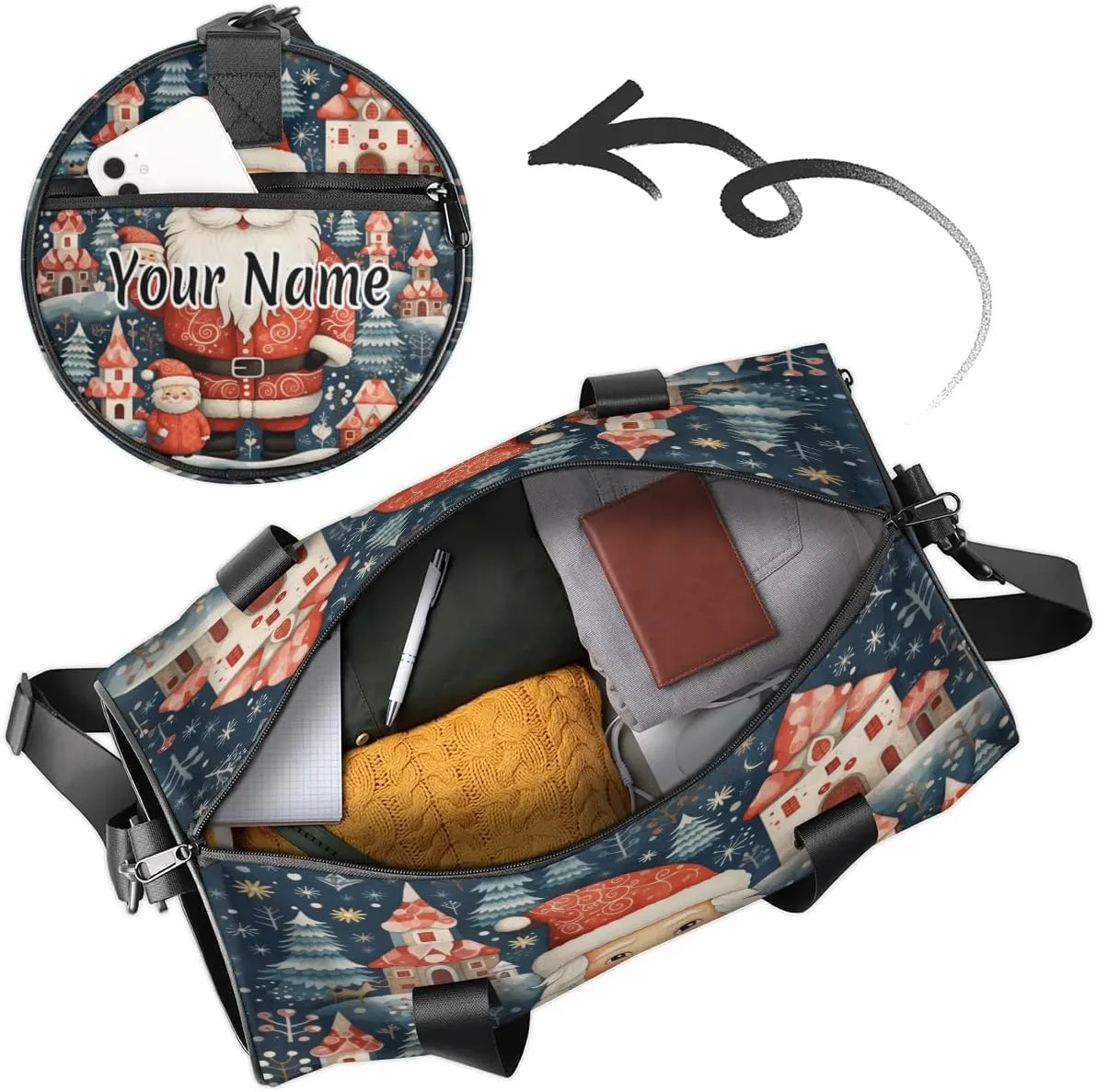 Personalized Duffel Bag for Women, Custom Christmas Santa Claus Gym Bag for Sports, Waterproof Dance Bag with Name, Lightweight Carryon Gym Bag, Winter Forest