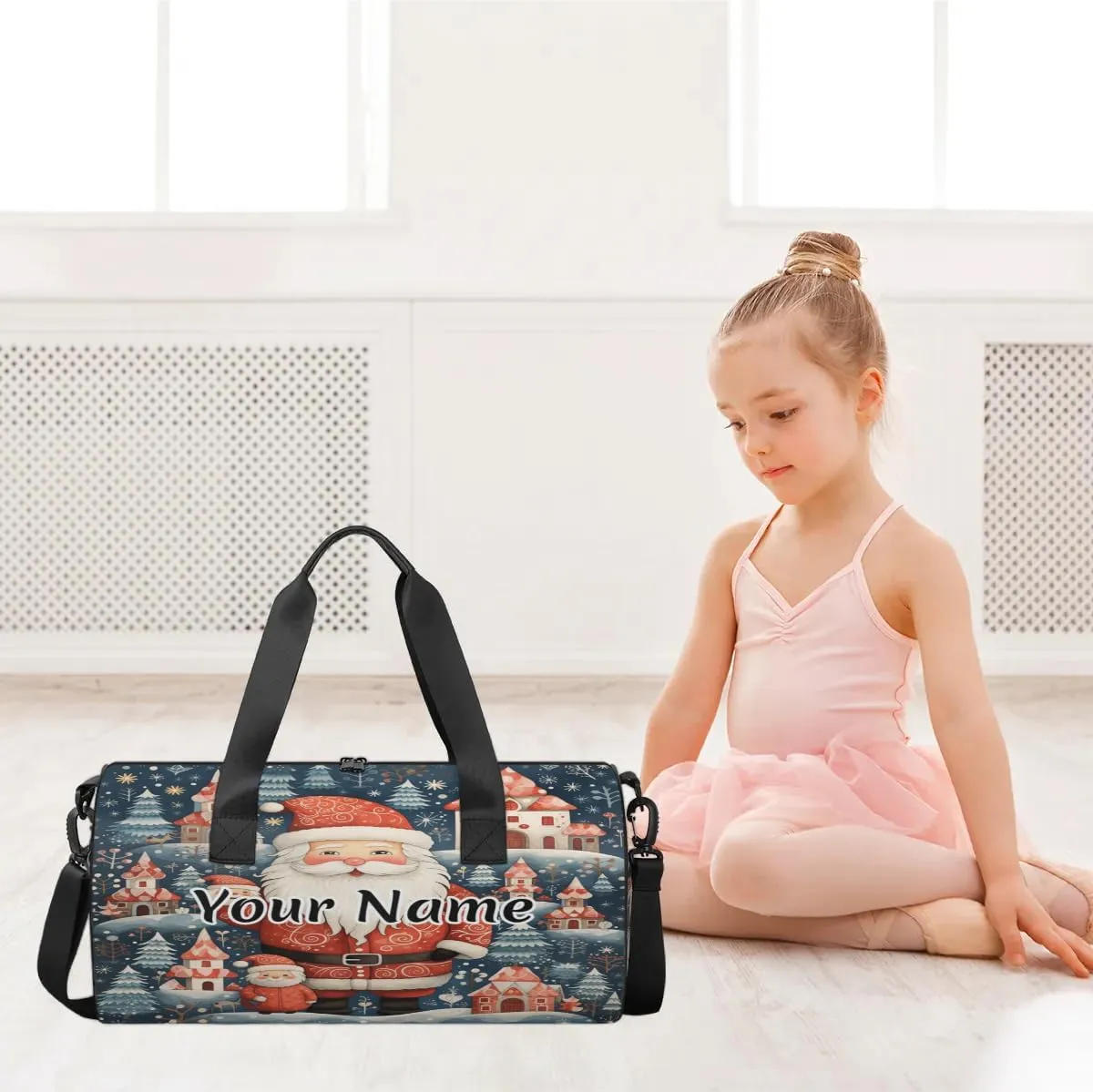 Personalized Duffel Bag for Women, Custom Christmas Santa Claus Gym Bag for Sports, Waterproof Dance Bag with Name, Lightweight Carryon Gym Bag, Winter Forest
