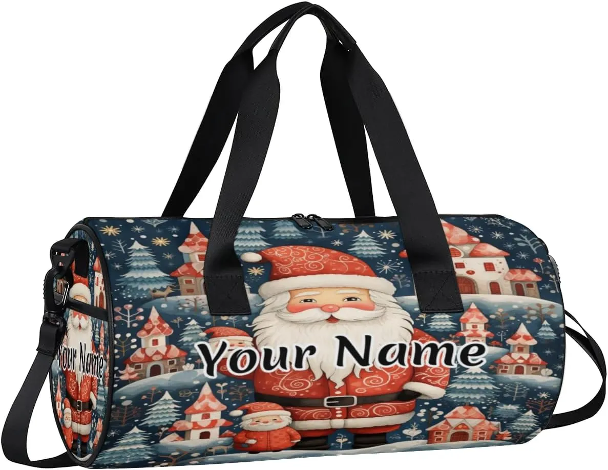 Personalized Duffel Bag for Women, Custom Christmas Santa Claus Gym Bag for Sports, Waterproof Dance Bag with Name, Lightweight Carryon Gym Bag, Winter Forest