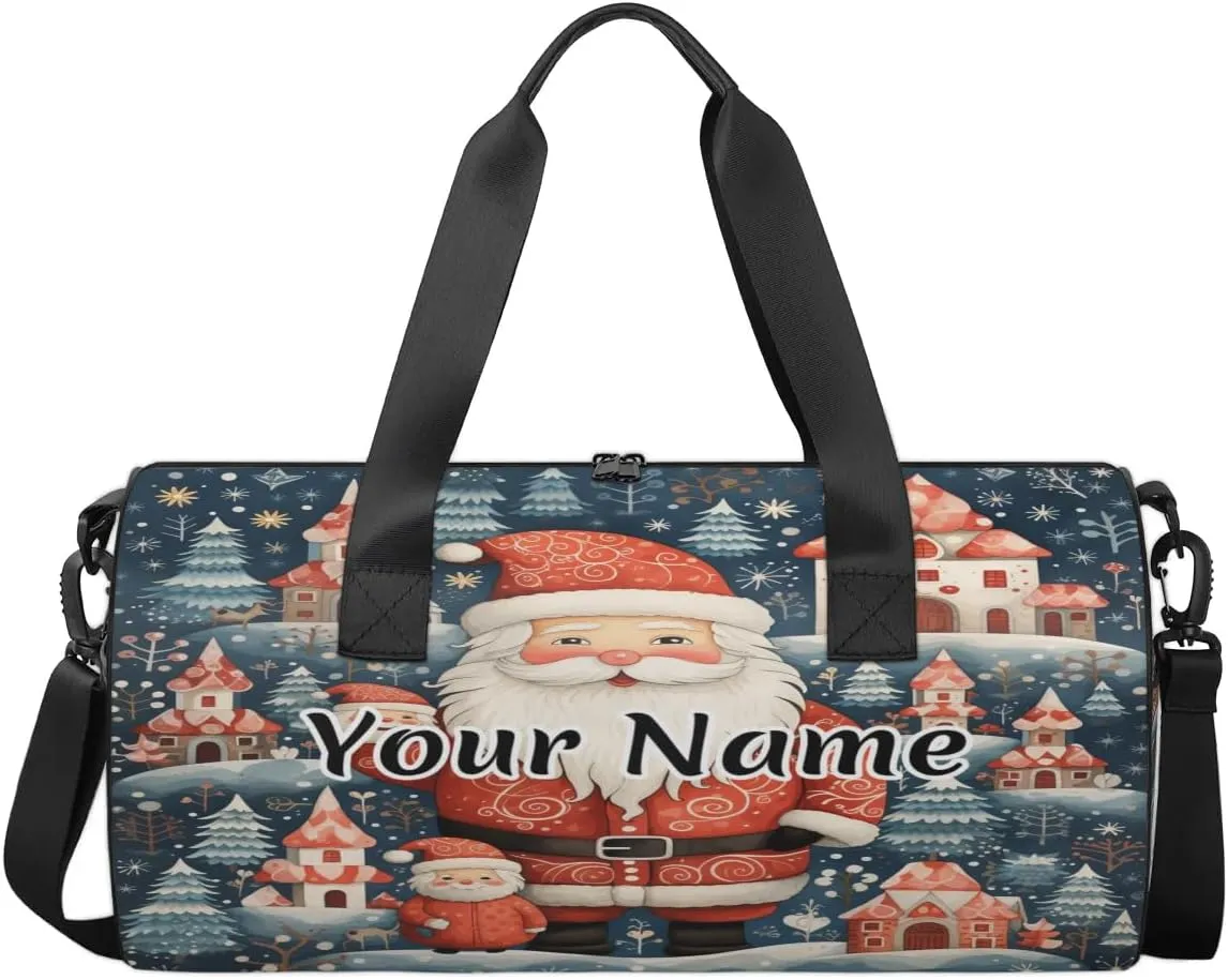 Personalized Duffel Bag for Women, Custom Christmas Santa Claus Gym Bag for Sports, Waterproof Dance Bag with Name, Lightweight Carryon Gym Bag, Winter Forest
