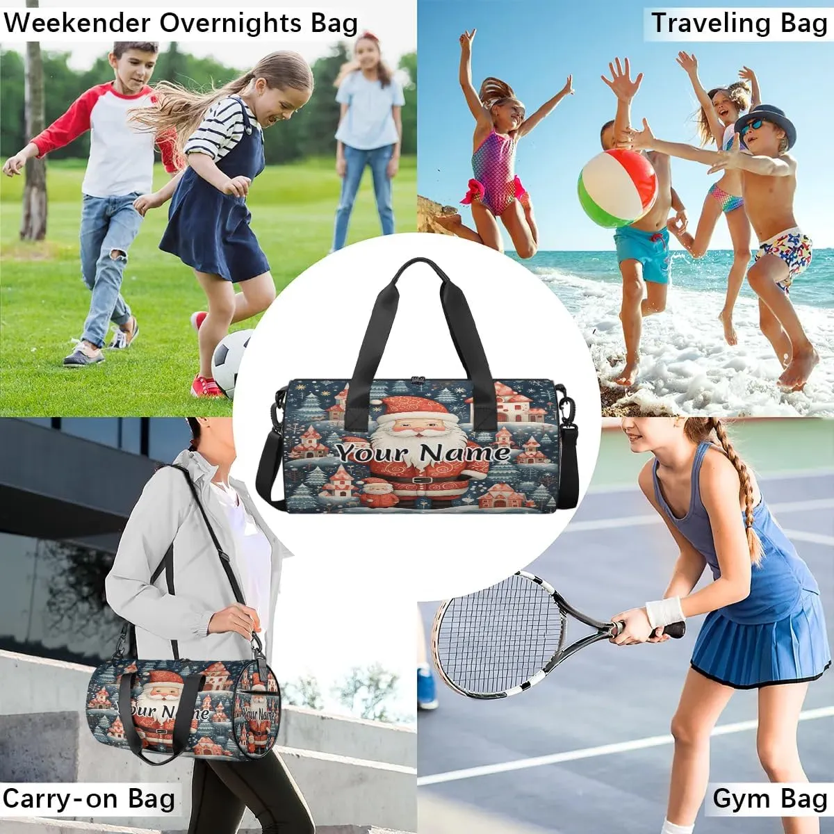 Personalized Duffel Bag for Women, Custom Christmas Santa Claus Gym Bag for Sports, Waterproof Dance Bag with Name, Lightweight Carryon Gym Bag, Winter Forest