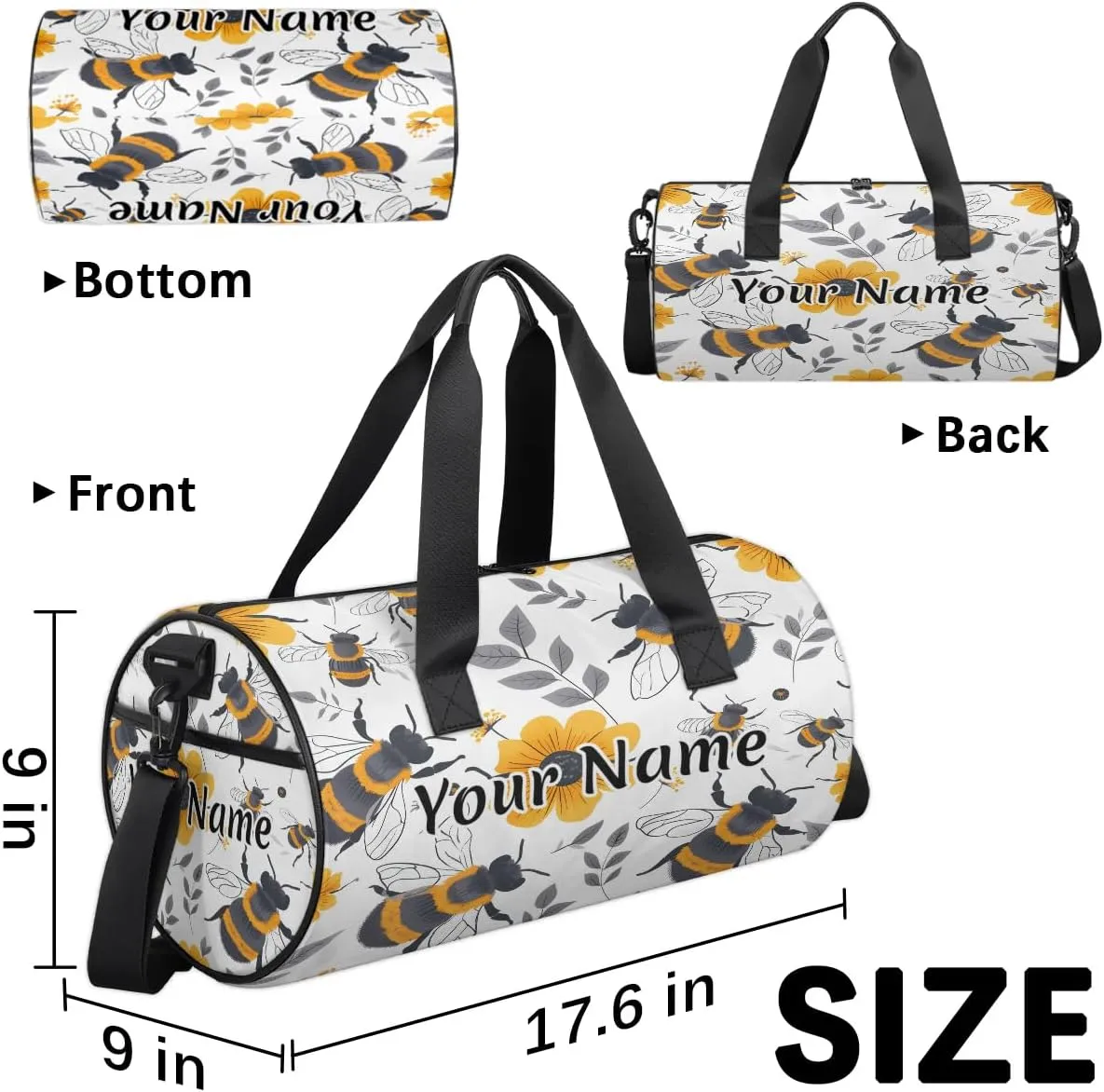 Personalized Duffel Bag for Women, Custom Cute Bee Daisy Gym Bag for Sports, Waterproof Dance Bag with Name, Lightweight Carryon Gym Bag, Honey Bee