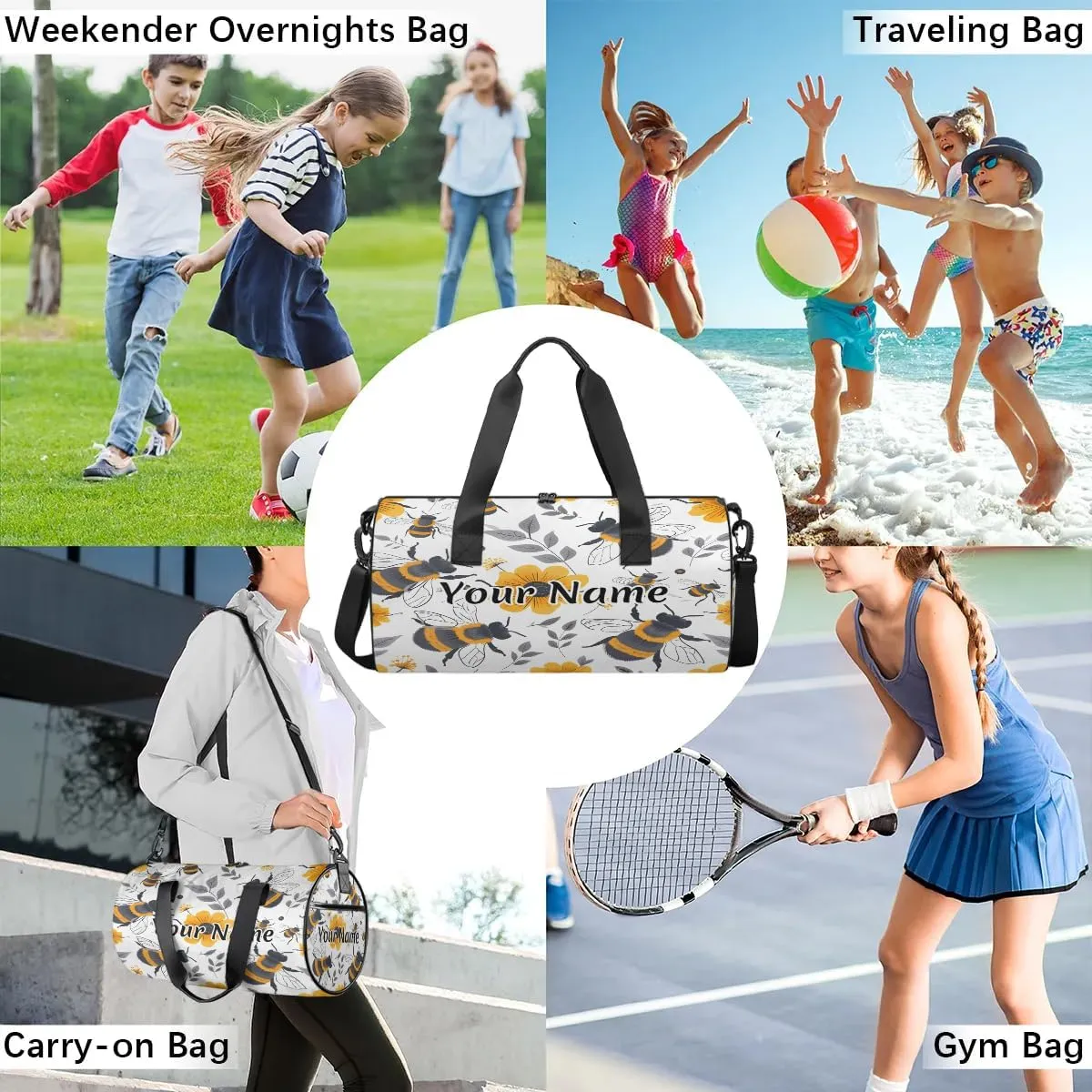 Personalized Duffel Bag for Women, Custom Cute Bee Daisy Gym Bag for Sports, Waterproof Dance Bag with Name, Lightweight Carryon Gym Bag, Honey Bee