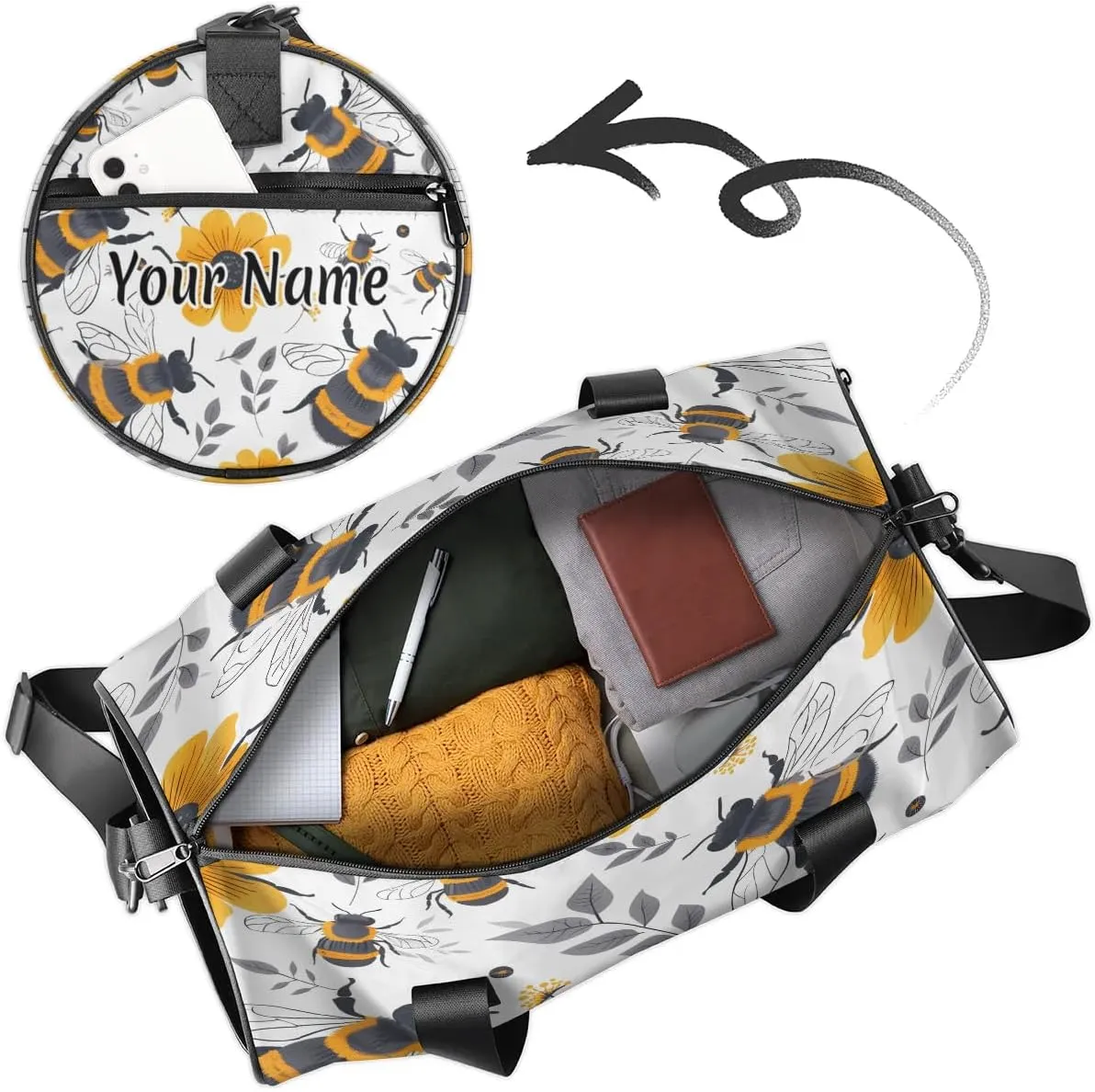 Personalized Duffel Bag for Women, Custom Cute Bee Daisy Gym Bag for Sports, Waterproof Dance Bag with Name, Lightweight Carryon Gym Bag, Honey Bee