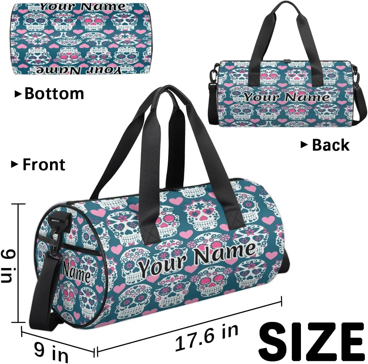 Personalized Duffel Bag for Women, Custom Gothic Skull Gym Bag for Sports, Waterproof Dance Bag with Name, Lightweight Carryon Gym Bag, Skull Flowers