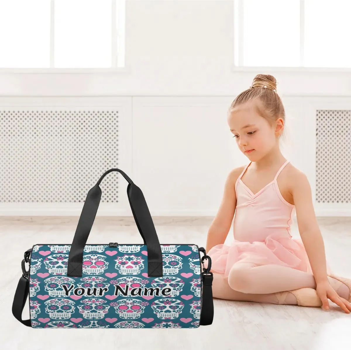 Personalized Duffel Bag for Women, Custom Gothic Skull Gym Bag for Sports, Waterproof Dance Bag with Name, Lightweight Carryon Gym Bag, Skull Flowers