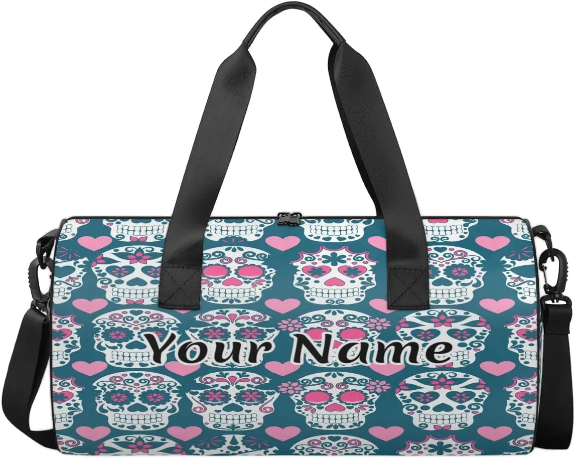 Personalized Duffel Bag for Women, Custom Gothic Skull Gym Bag for Sports, Waterproof Dance Bag with Name, Lightweight Carryon Gym Bag, Skull Flowers