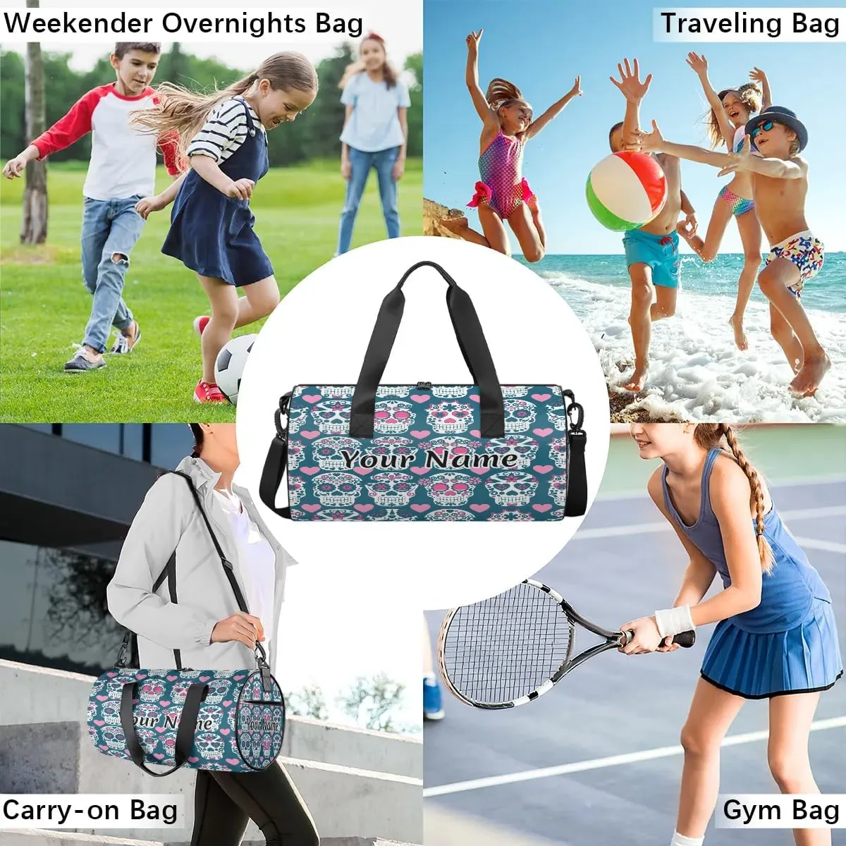 Personalized Duffel Bag for Women, Custom Gothic Skull Gym Bag for Sports, Waterproof Dance Bag with Name, Lightweight Carryon Gym Bag, Skull Flowers