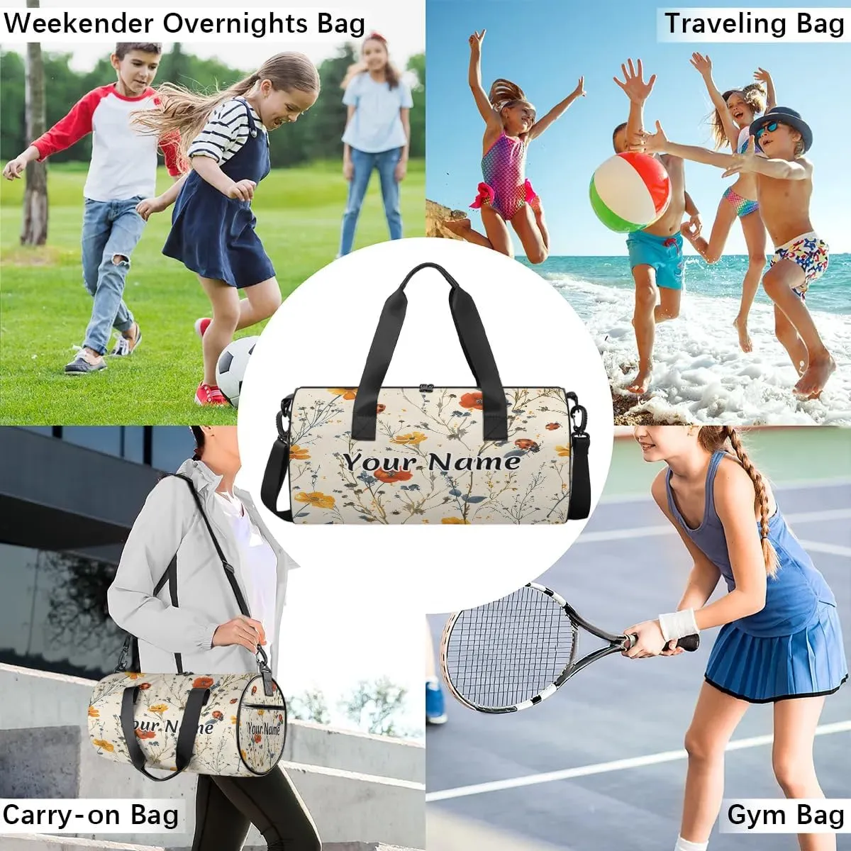 Personalized Duffel Bag for Women, Custom Ladybugs Gym Bag for Sports, Waterproof Dance Bag with Name, Lightweight Carryon Gym Bag, Wildflower