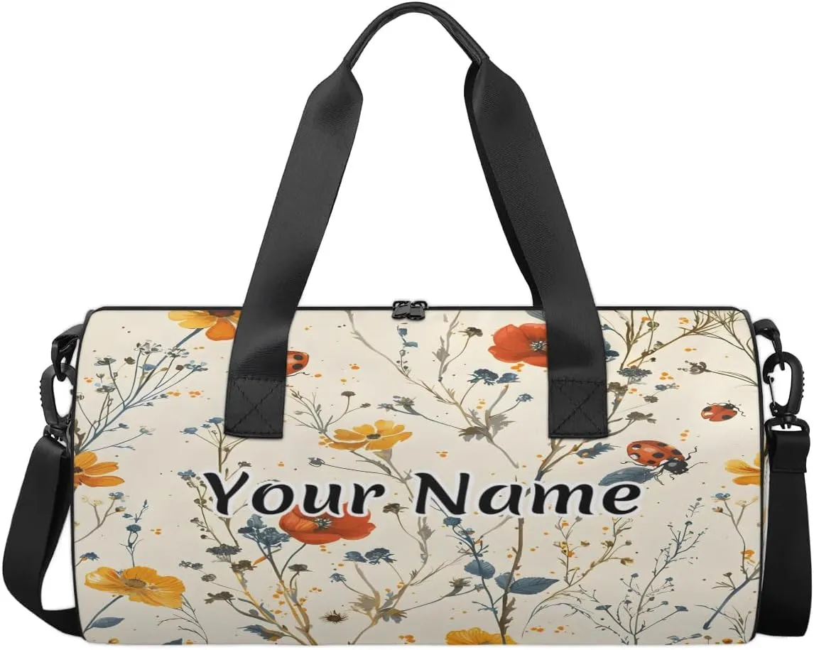 Personalized Duffel Bag for Women, Custom Ladybugs Gym Bag for Sports, Waterproof Dance Bag with Name, Lightweight Carryon Gym Bag, Wildflower
