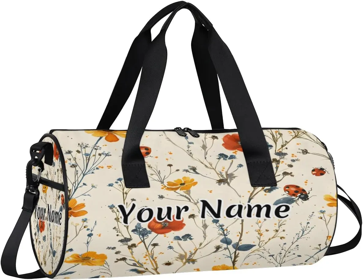 Personalized Duffel Bag for Women, Custom Ladybugs Gym Bag for Sports, Waterproof Dance Bag with Name, Lightweight Carryon Gym Bag, Wildflower