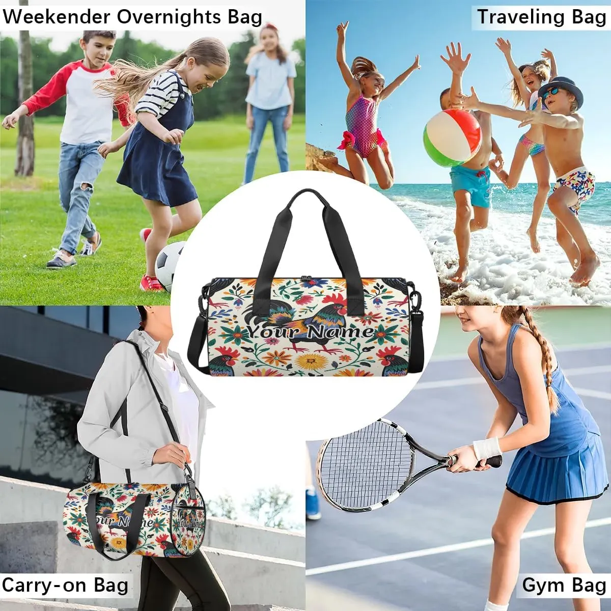 Personalized Duffel Bag for Women, Custom Mexico Retro Watercolor Pattern Gym Bag for Sports, Waterproof Dance Bag with Name, Lightweight Carryon Gym Bag, Rooster Farm