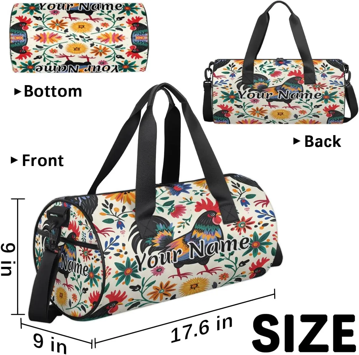 Personalized Duffel Bag for Women, Custom Mexico Retro Watercolor Pattern Gym Bag for Sports, Waterproof Dance Bag with Name, Lightweight Carryon Gym Bag, Rooster Farm