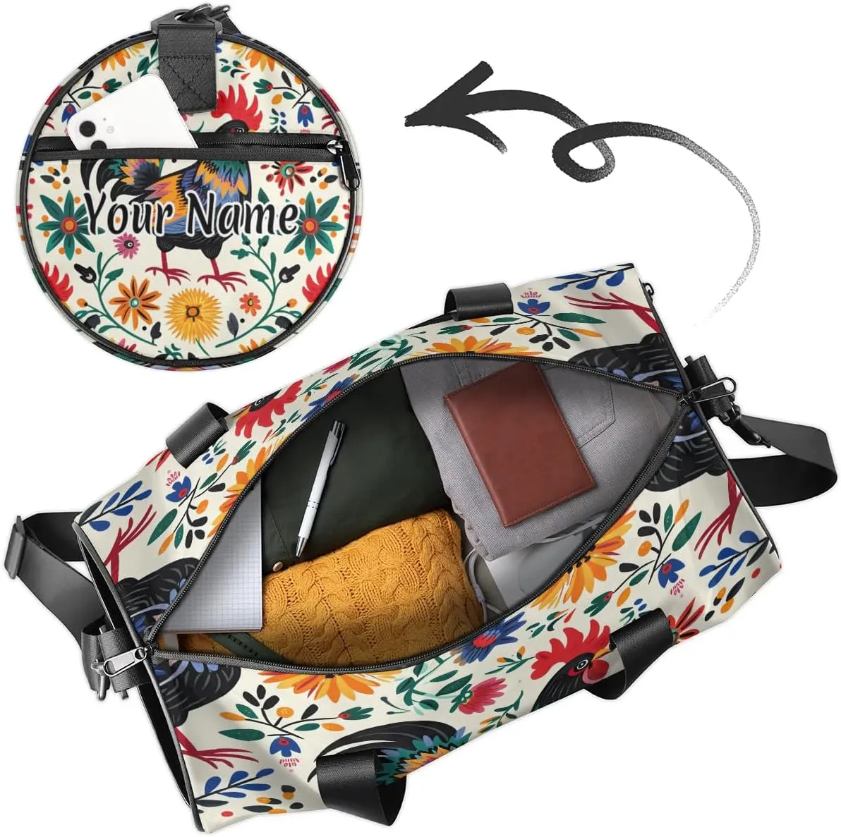 Personalized Duffel Bag for Women, Custom Mexico Retro Watercolor Pattern Gym Bag for Sports, Waterproof Dance Bag with Name, Lightweight Carryon Gym Bag, Rooster Farm