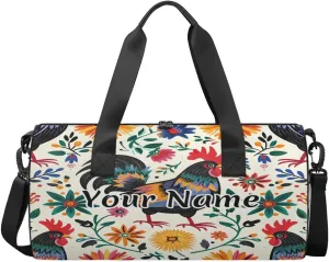 Personalized Duffel Bag for Women, Custom Mexico Retro Watercolor Pattern Gym Bag for Sports, Waterproof Dance Bag with Name, Lightweight Carryon Gym Bag, Rooster Farm