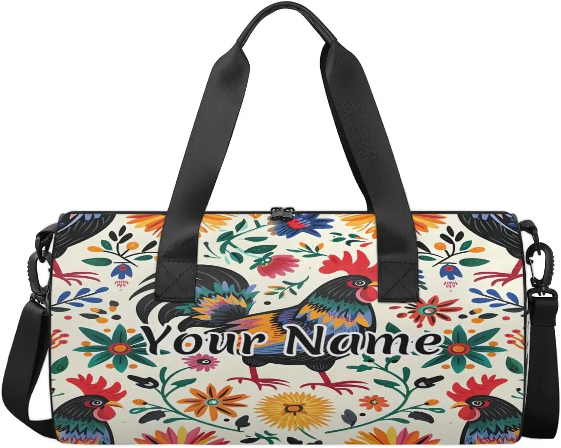 Personalized Duffel Bag for Women, Custom Mexico Retro Watercolor Pattern Gym Bag for Sports, Waterproof Dance Bag with Name, Lightweight Carryon Gym Bag, Rooster Farm