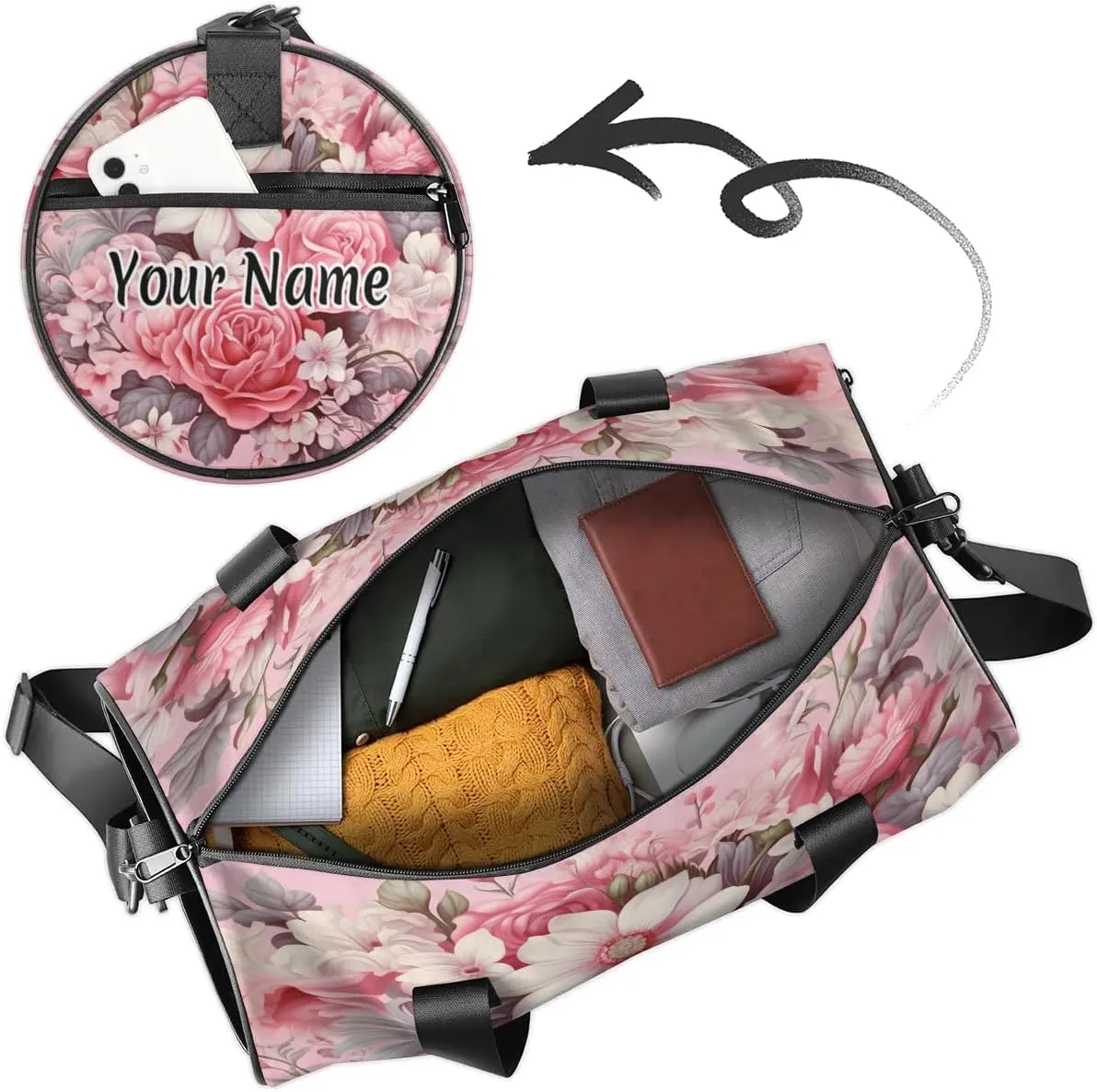 Personalized Duffel Bag for Women, Custom Peony Rose Flower Gym Bag for Sports, Waterproof Dance Bag with Name, Lightweight Carryon Gym Bag, Wild Flowers
