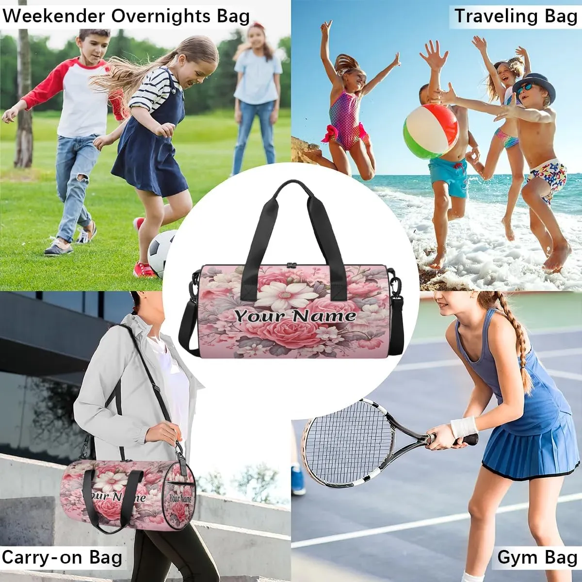 Personalized Duffel Bag for Women, Custom Peony Rose Flower Gym Bag for Sports, Waterproof Dance Bag with Name, Lightweight Carryon Gym Bag, Wild Flowers