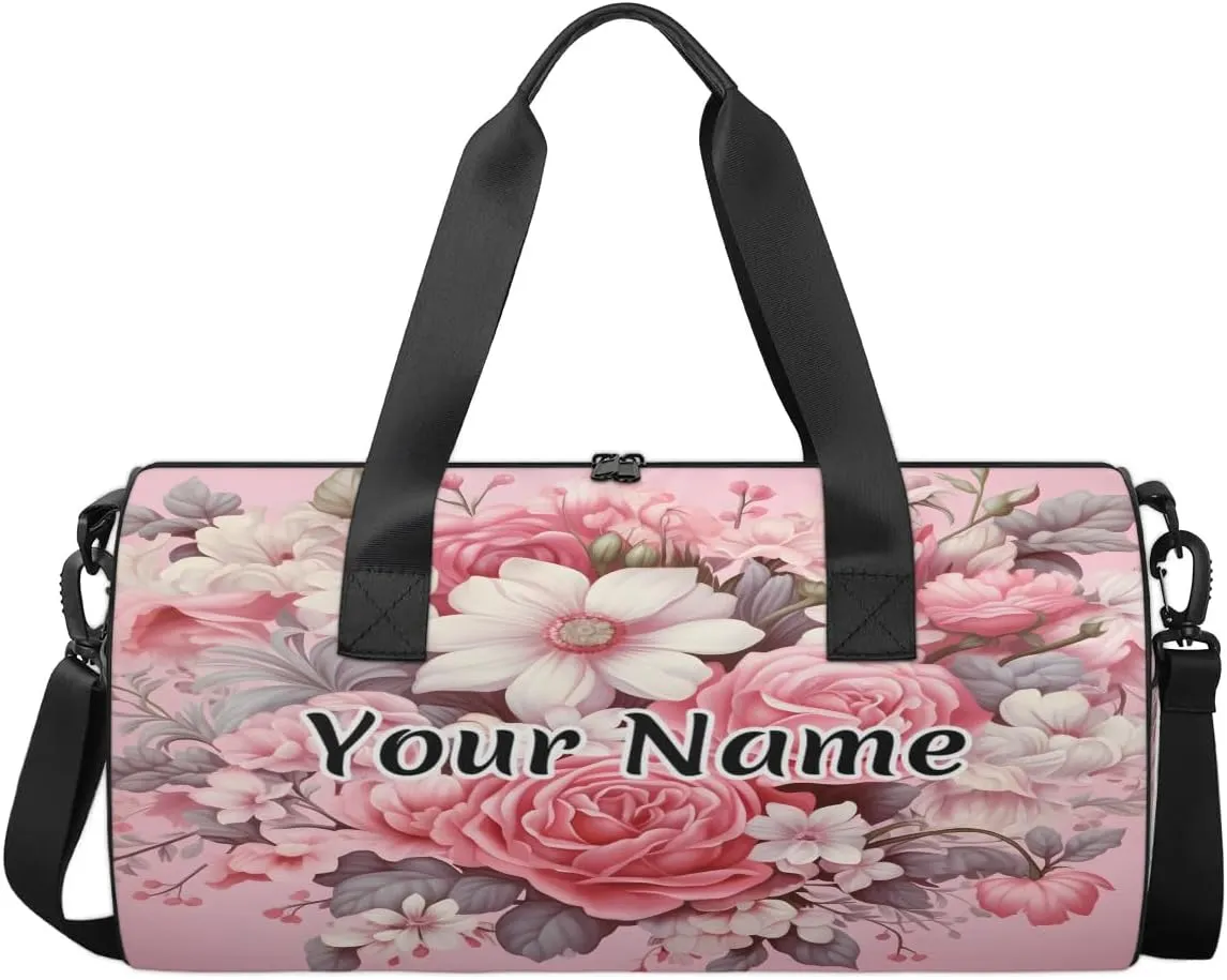 Personalized Duffel Bag for Women, Custom Peony Rose Flower Gym Bag for Sports, Waterproof Dance Bag with Name, Lightweight Carryon Gym Bag, Wild Flowers