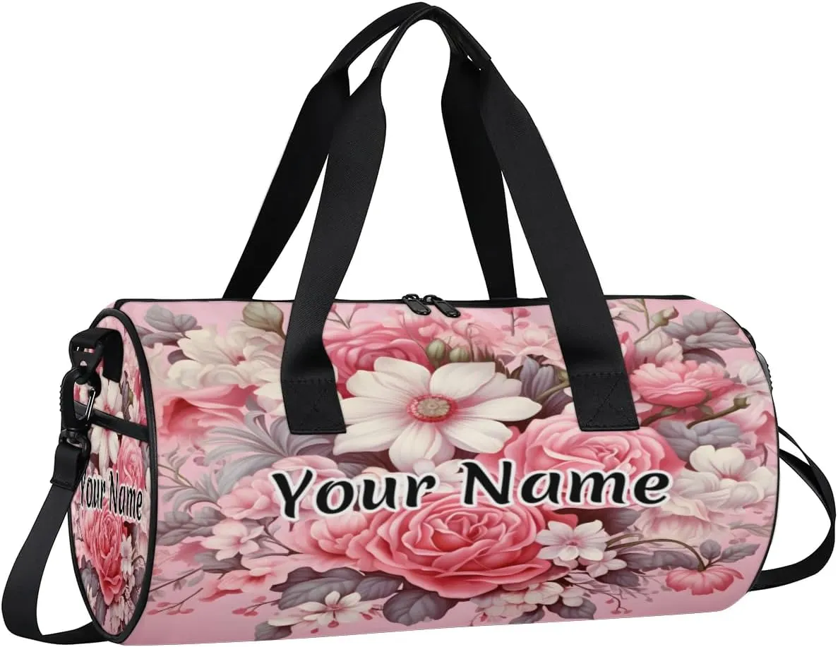 Personalized Duffel Bag for Women, Custom Peony Rose Flower Gym Bag for Sports, Waterproof Dance Bag with Name, Lightweight Carryon Gym Bag, Wild Flowers