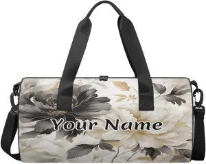 Personalized Duffel Bag for Women, Custom Rose Peony Gym Bag for Sports, Waterproof Dance Bag with Name, Lightweight Carryon Gym Bag, Black White Flower Floral