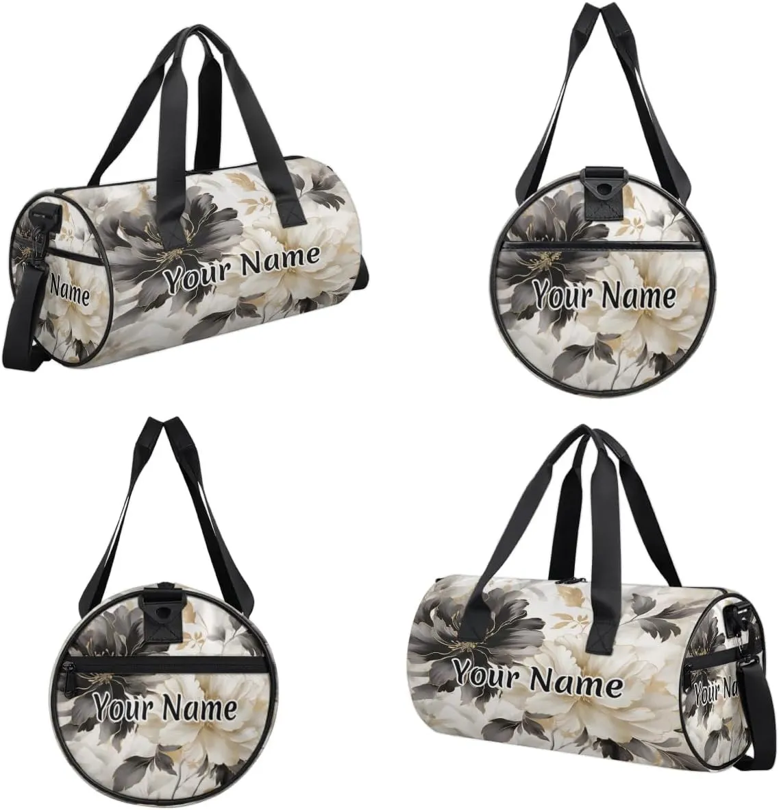 Personalized Duffel Bag for Women, Custom Rose Peony Gym Bag for Sports, Waterproof Dance Bag with Name, Lightweight Carryon Gym Bag, Black White Flower Floral