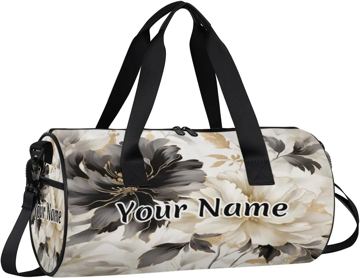 Personalized Duffel Bag for Women, Custom Rose Peony Gym Bag for Sports, Waterproof Dance Bag with Name, Lightweight Carryon Gym Bag, Black White Flower Floral