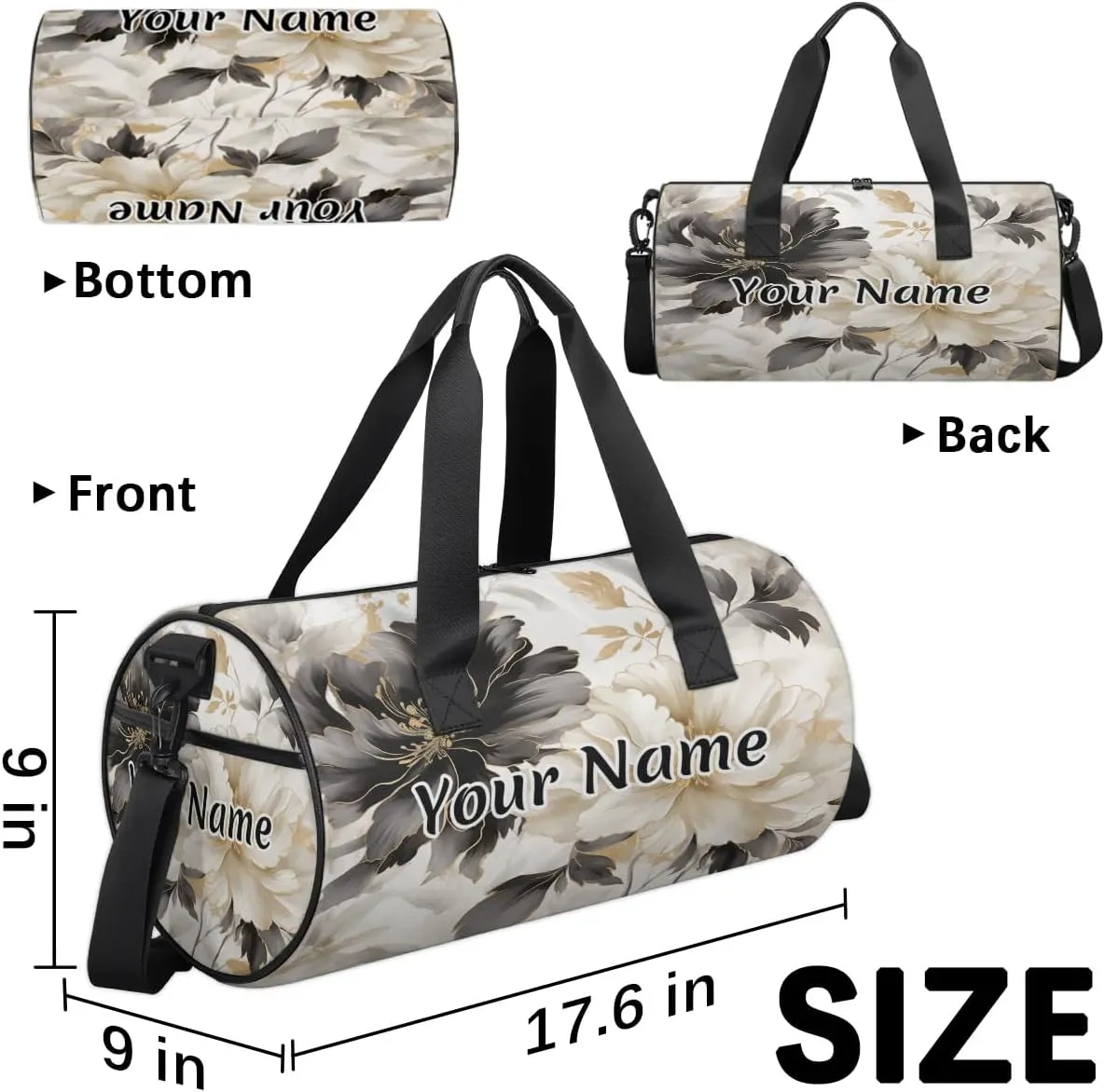 Personalized Duffel Bag for Women, Custom Rose Peony Gym Bag for Sports, Waterproof Dance Bag with Name, Lightweight Carryon Gym Bag, Black White Flower Floral