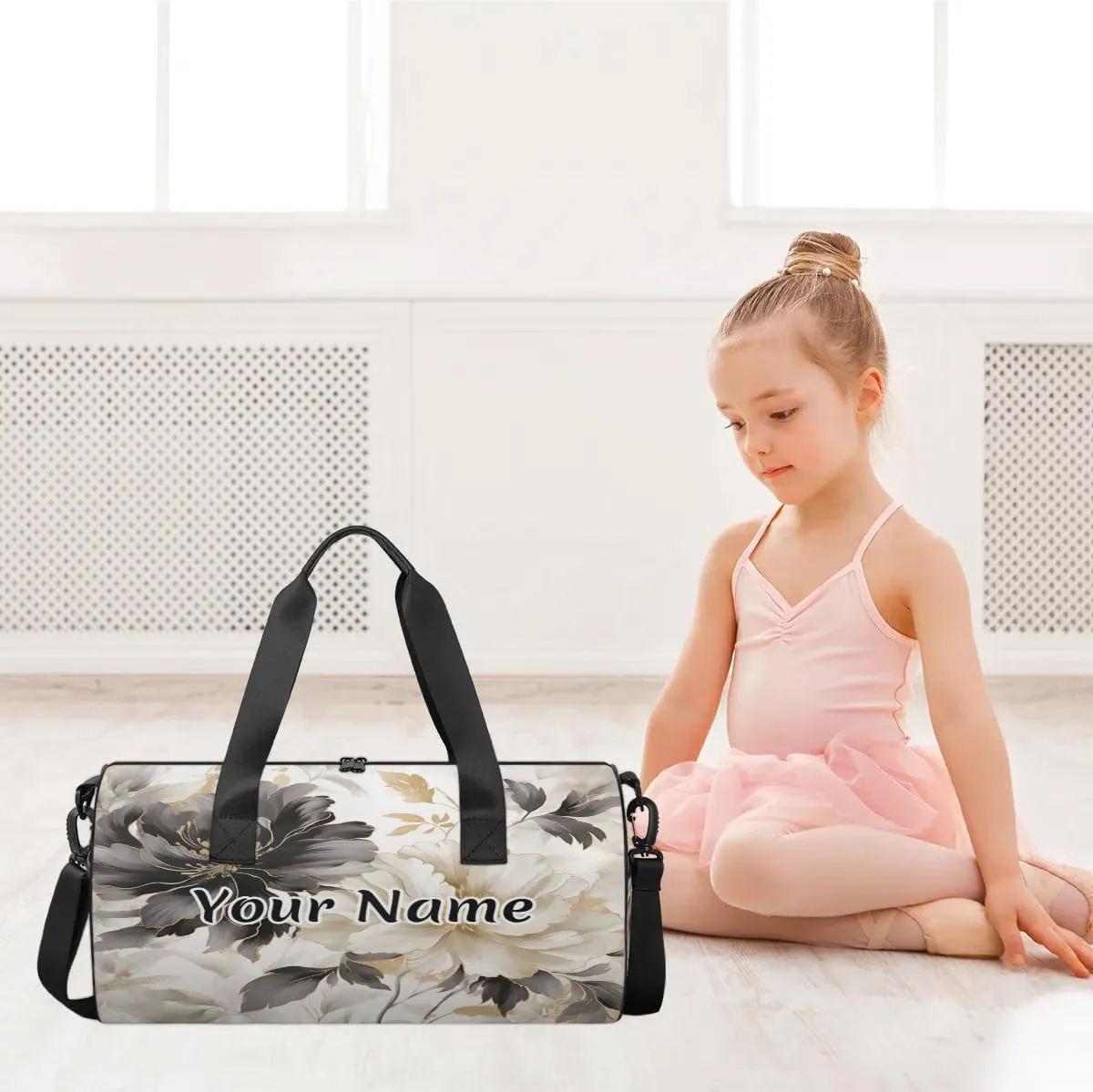 Personalized Duffel Bag for Women, Custom Rose Peony Gym Bag for Sports, Waterproof Dance Bag with Name, Lightweight Carryon Gym Bag, Black White Flower Floral