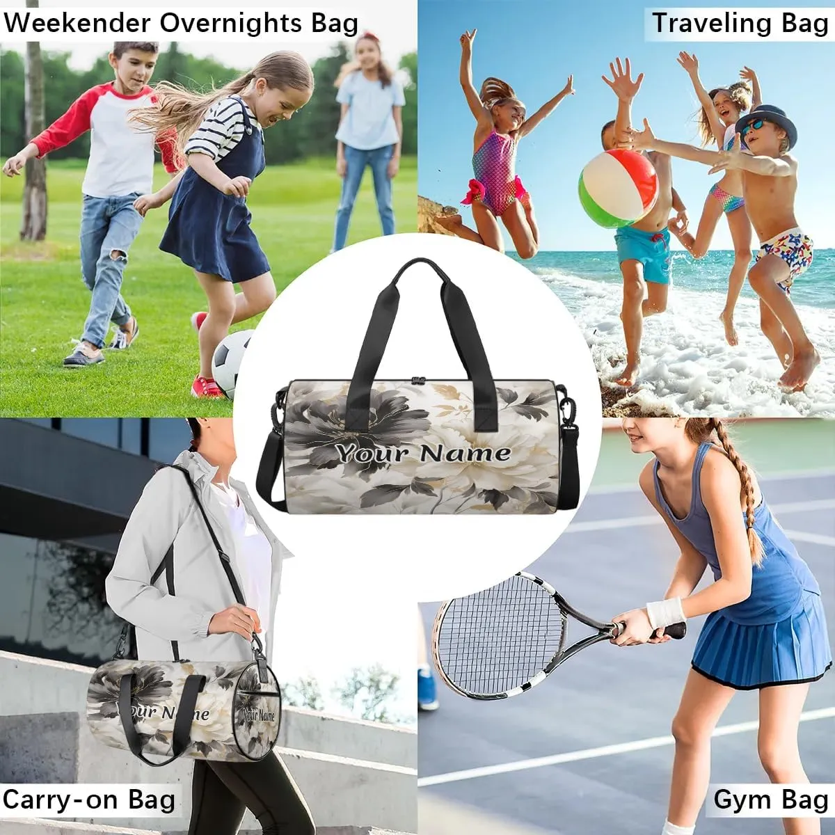 Personalized Duffel Bag for Women, Custom Rose Peony Gym Bag for Sports, Waterproof Dance Bag with Name, Lightweight Carryon Gym Bag, Black White Flower Floral
