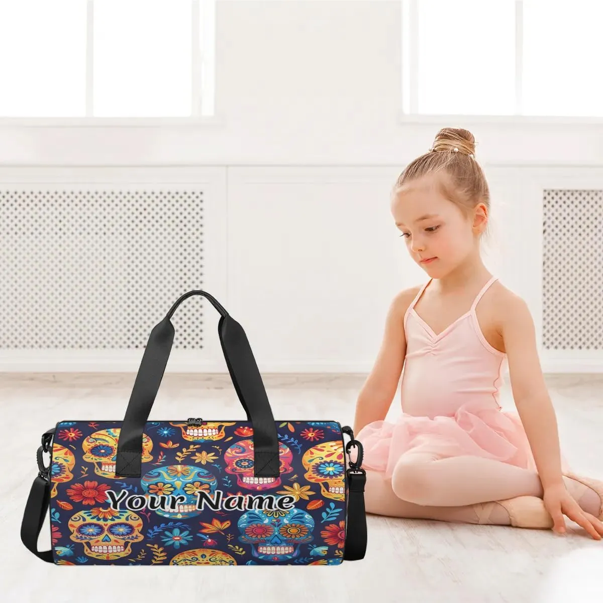 Personalized Duffel Bag for Women, Custom Skull Gothic Skeleton Gym Bag for Sports, Waterproof Dance Bag with Name, Lightweight Carryon Gym Bag, Floral Halloween Plant