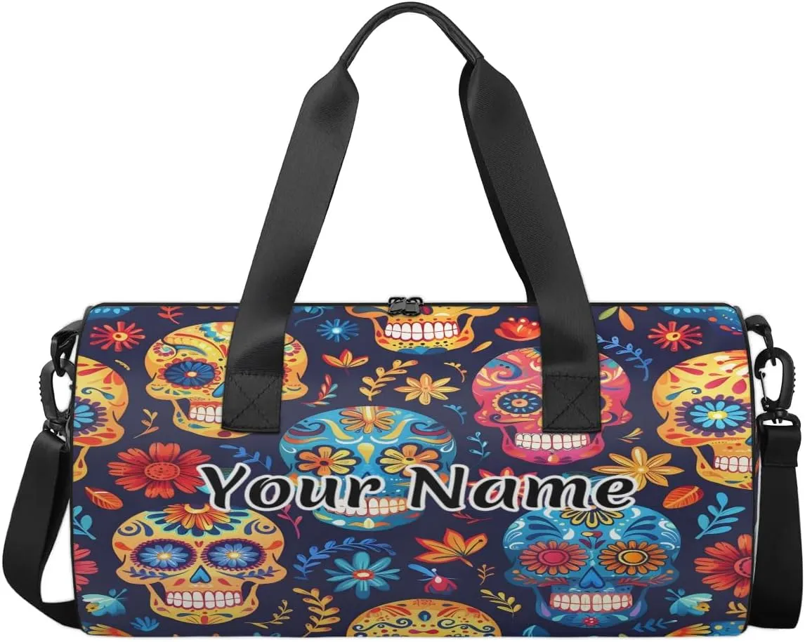 Personalized Duffel Bag for Women, Custom Skull Gothic Skeleton Gym Bag for Sports, Waterproof Dance Bag with Name, Lightweight Carryon Gym Bag, Floral Halloween Plant