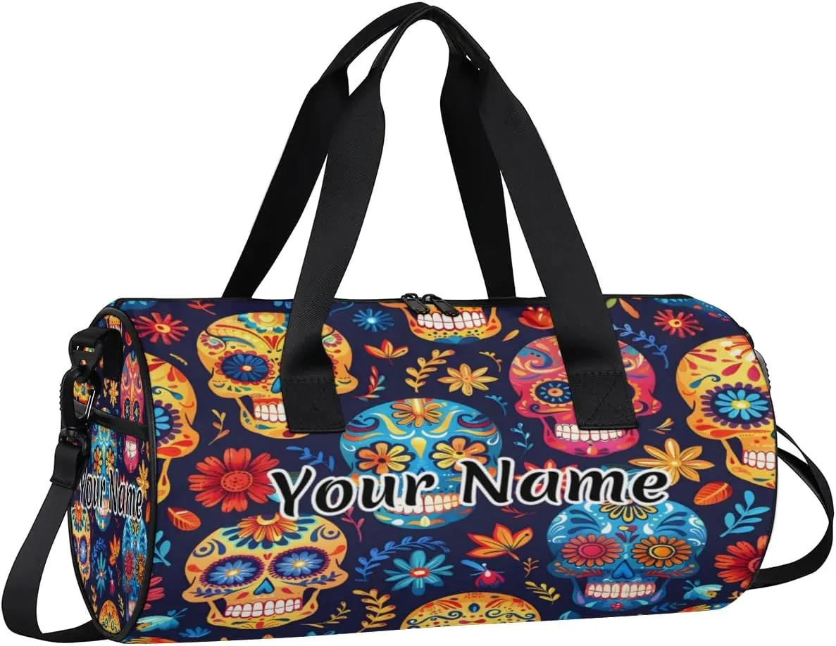 Personalized Duffel Bag for Women, Custom Skull Gothic Skeleton Gym Bag for Sports, Waterproof Dance Bag with Name, Lightweight Carryon Gym Bag, Floral Halloween Plant