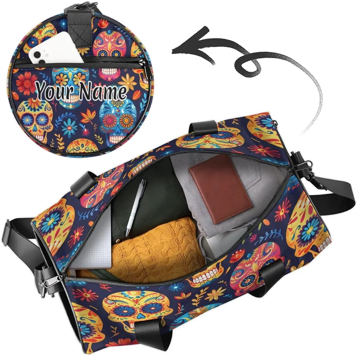 Personalized Duffel Bag for Women, Custom Skull Gothic Skeleton Gym Bag for Sports, Waterproof Dance Bag with Name, Lightweight Carryon Gym Bag, Floral Halloween Plant