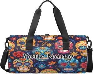 Personalized Duffel Bag for Women, Custom Skull Gothic Skeleton Gym Bag for Sports, Waterproof Dance Bag with Name, Lightweight Carryon Gym Bag, Floral Halloween Plant