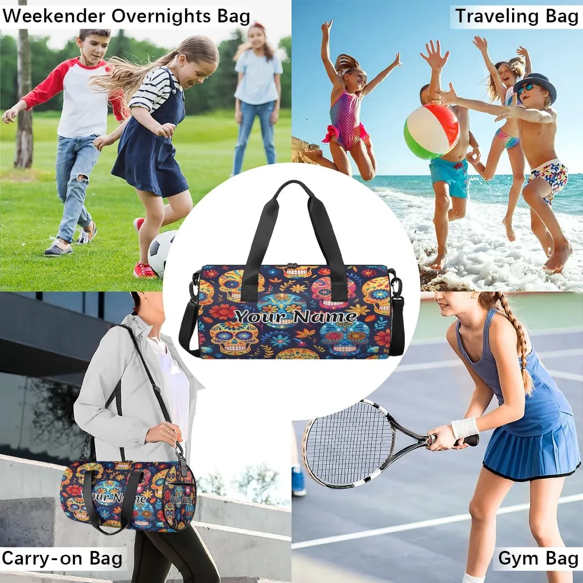 Personalized Duffel Bag for Women, Custom Skull Gothic Skeleton Gym Bag for Sports, Waterproof Dance Bag with Name, Lightweight Carryon Gym Bag, Floral Halloween Plant