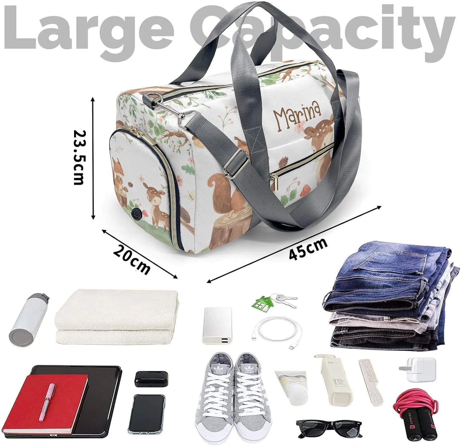 Personalized Gift Duffel Bag Woodland Squirrel Deer Owl Hedgehog Travel in Style: Trendy Bags for Sport and Leisure