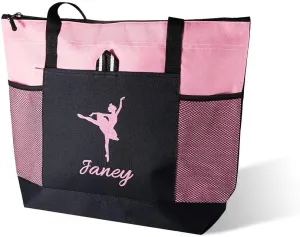 Personalized Glitter Dance Tote Bag with Name and Ballet Pose Customized Multi-pocket Zippered Dance Ballerina Tote Bag Birthday Gift for Her Ballerina/Best friend/Daughter/Granddaughter