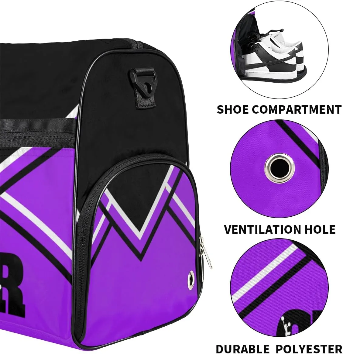 Personalized Gym Bag Dance Bag for Girls Women, Personalized Custom Sports Gym Bag with Shoes Compartment, Customized Weekender Overnight Bag Travel Duffel Bag, Cheer Purple Black Aztec Background