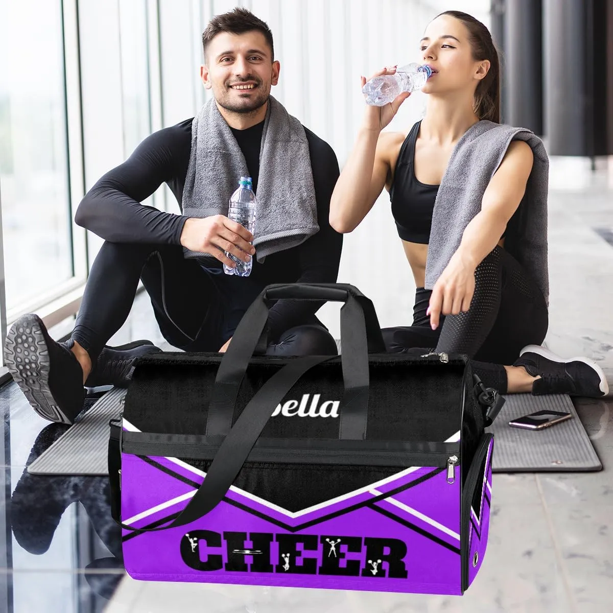 Personalized Gym Bag Dance Bag for Girls Women, Personalized Custom Sports Gym Bag with Shoes Compartment, Customized Weekender Overnight Bag Travel Duffel Bag, Cheer Purple Black Aztec Background