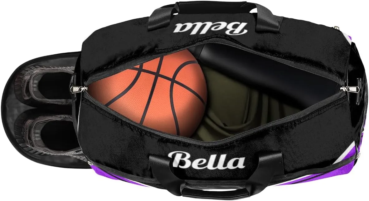 Personalized Gym Bag Dance Bag for Girls Women, Personalized Custom Sports Gym Bag with Shoes Compartment, Customized Weekender Overnight Bag Travel Duffel Bag, Cheer Purple Black Aztec Background
