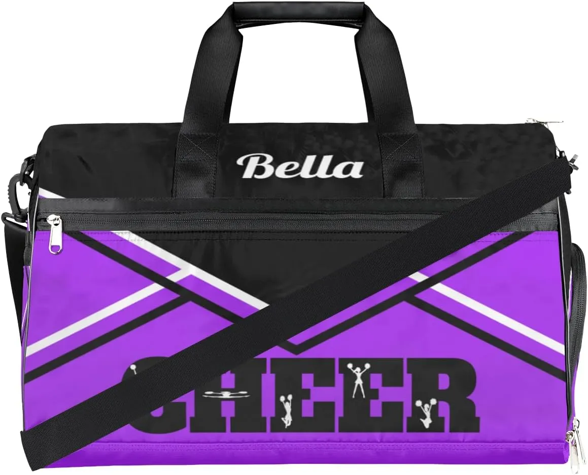 Personalized Gym Bag Dance Bag for Girls Women, Personalized Custom Sports Gym Bag with Shoes Compartment, Customized Weekender Overnight Bag Travel Duffel Bag, Cheer Purple Black Aztec Background