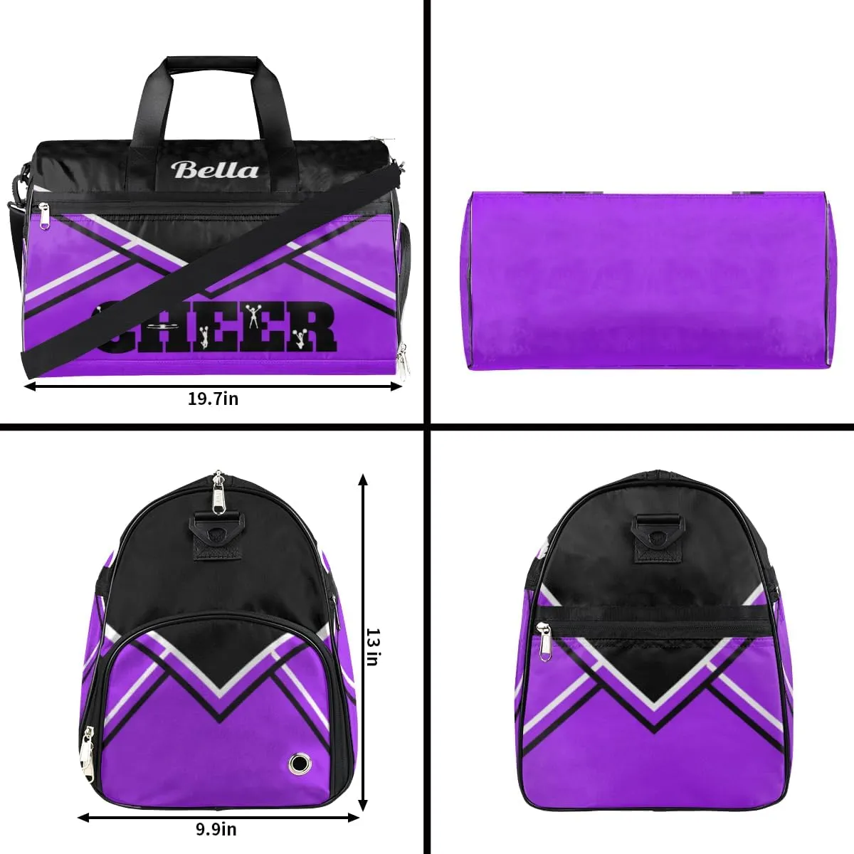 Personalized Gym Bag Dance Bag for Girls Women, Personalized Custom Sports Gym Bag with Shoes Compartment, Customized Weekender Overnight Bag Travel Duffel Bag, Cheer Purple Black Aztec Background