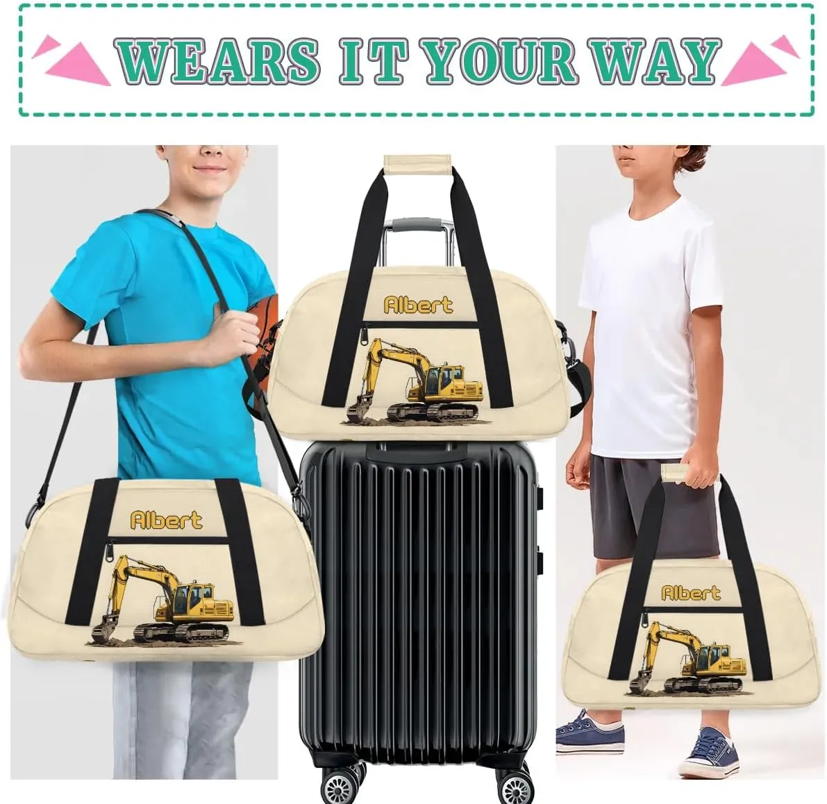 Personalized Kids Sports Duffel Bag with Name Custom Weekender Overnight Bag for Boys Girls Gym Bag Travel Dance Gymnastics Duffel Bag, Excavator Car