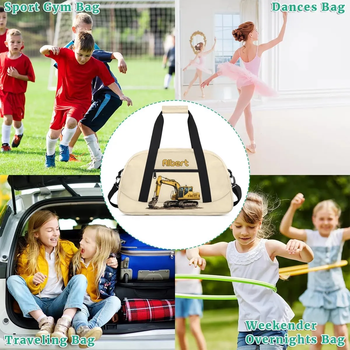 Personalized Kids Sports Duffel Bag with Name Custom Weekender Overnight Bag for Boys Girls Gym Bag Travel Dance Gymnastics Duffel Bag, Excavator Car