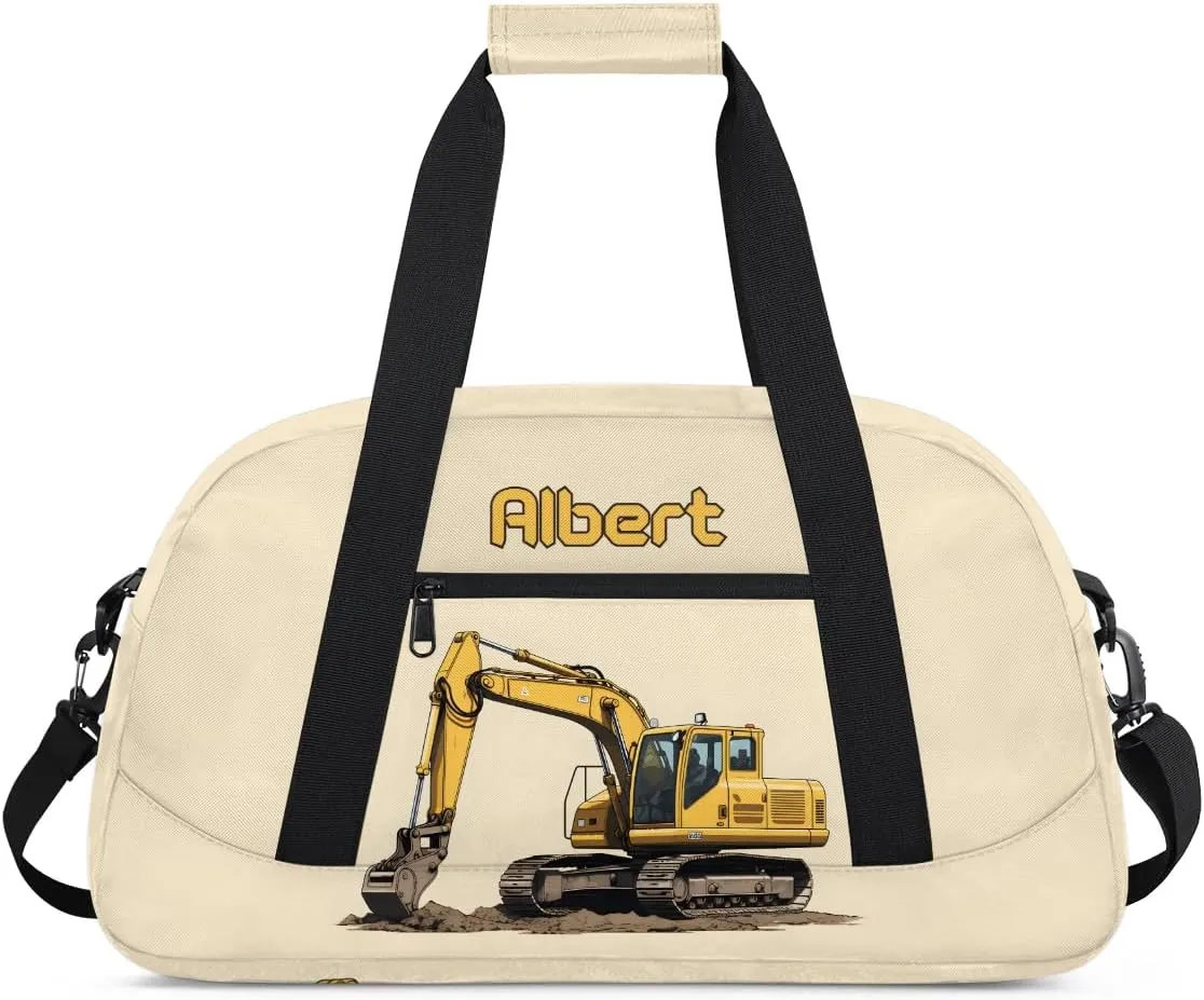Personalized Kids Sports Duffel Bag with Name Custom Weekender Overnight Bag for Boys Girls Gym Bag Travel Dance Gymnastics Duffel Bag, Excavator Car