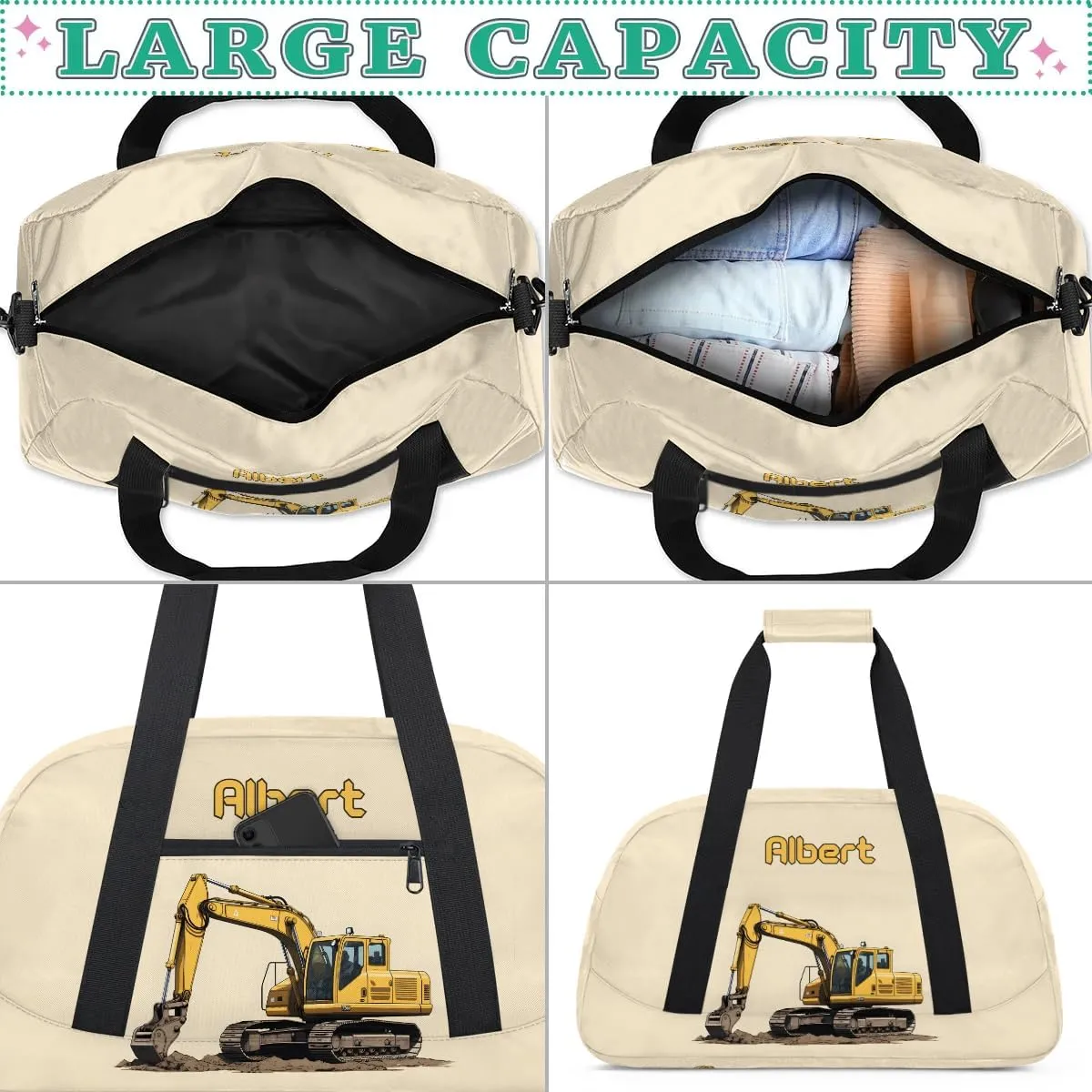 Personalized Kids Sports Duffel Bag with Name Custom Weekender Overnight Bag for Boys Girls Gym Bag Travel Dance Gymnastics Duffel Bag, Excavator Car