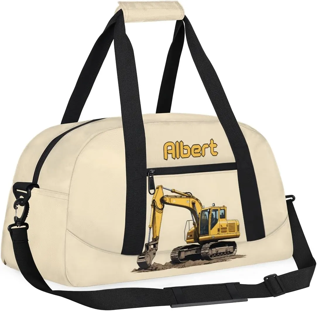 Personalized Kids Sports Duffel Bag with Name Custom Weekender Overnight Bag for Boys Girls Gym Bag Travel Dance Gymnastics Duffel Bag, Excavator Car