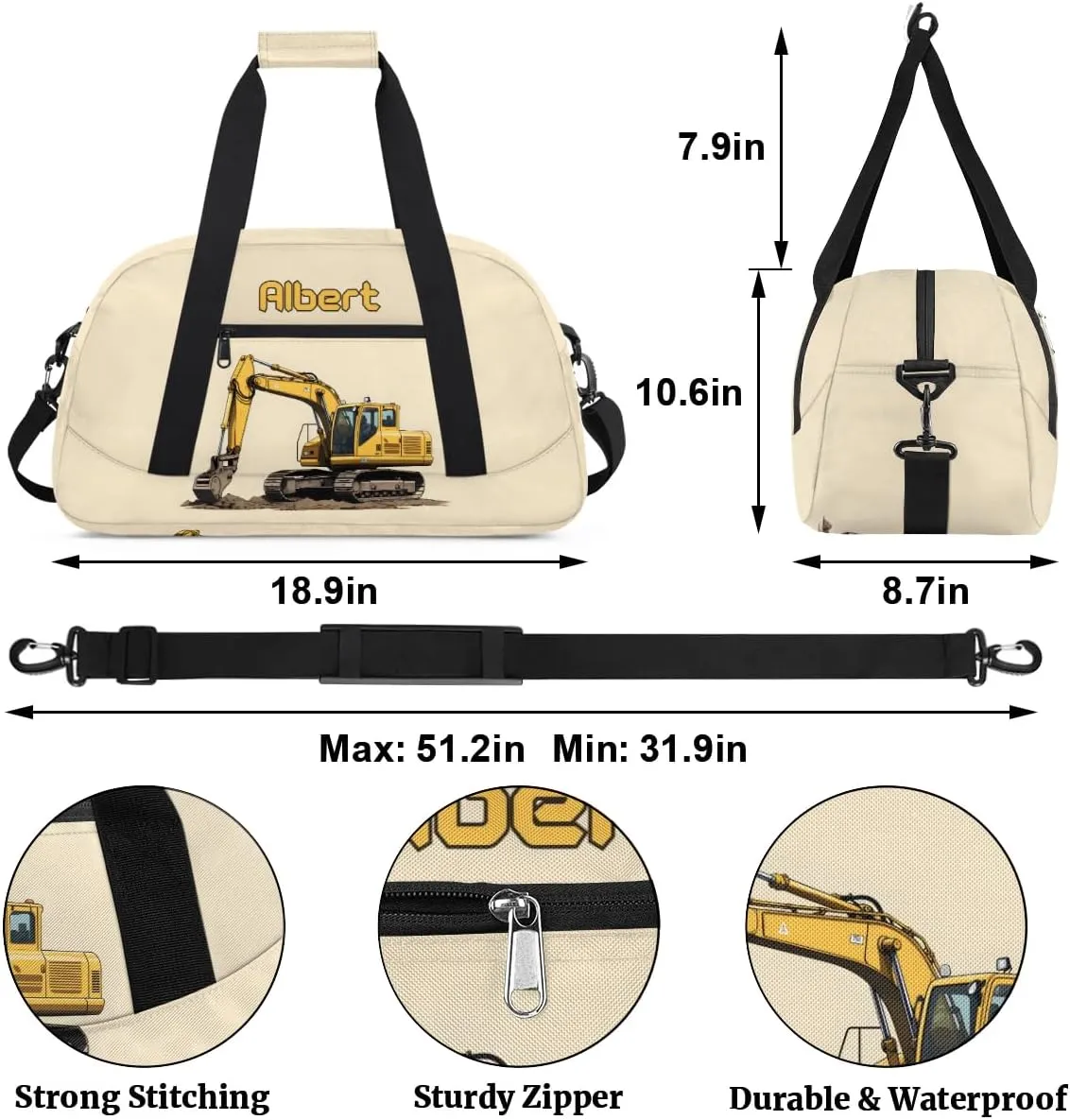 Personalized Kids Sports Duffel Bag with Name Custom Weekender Overnight Bag for Boys Girls Gym Bag Travel Dance Gymnastics Duffel Bag, Excavator Car